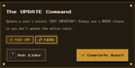 LifeMMO quest card with XP and gold rewards